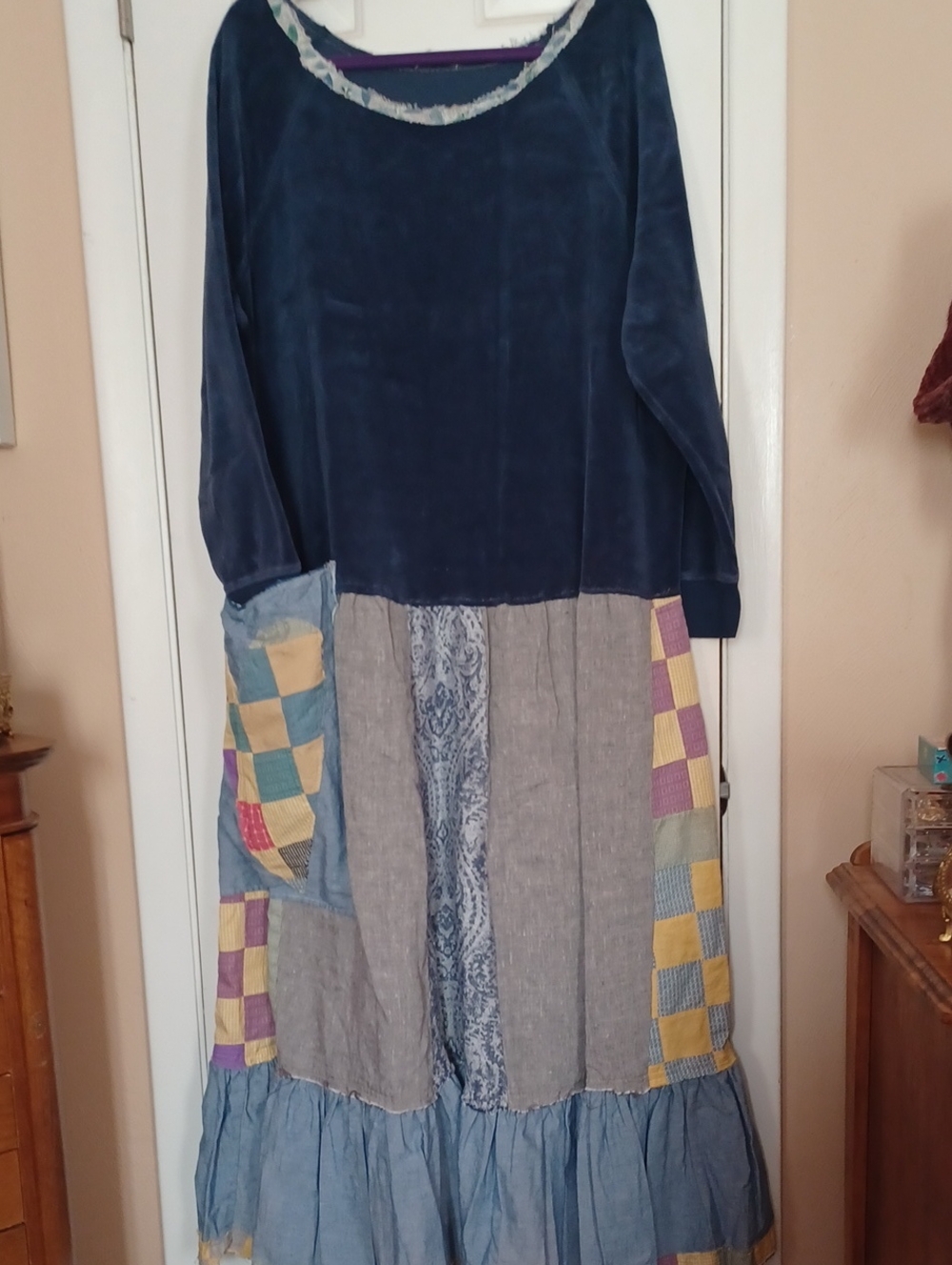 Boho Navy Velvet Patchwork Maxi Dress